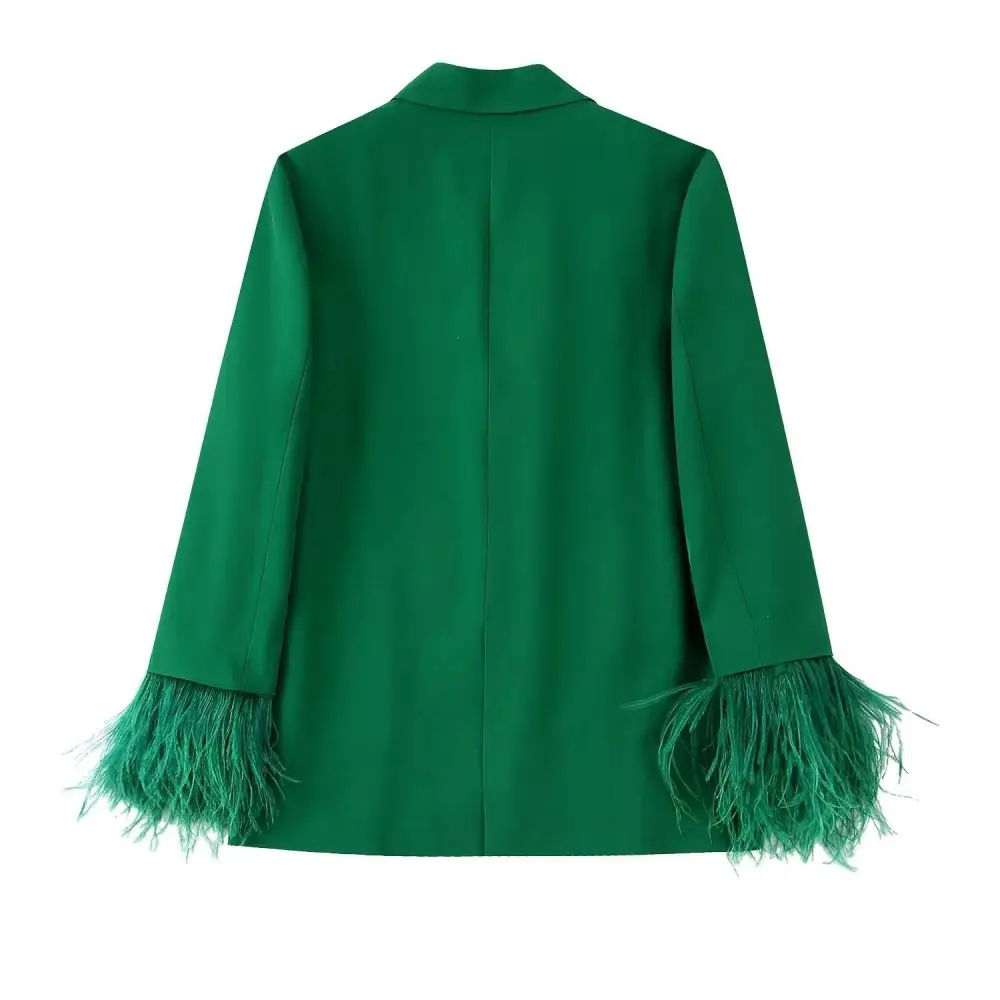 Dark Green Fashion Blazer Feathers Sleeve Notched Collar Chic Two-Buttons Wide Leg Pants Suit Side Zipper Наборы брюки 2 Pcs Set