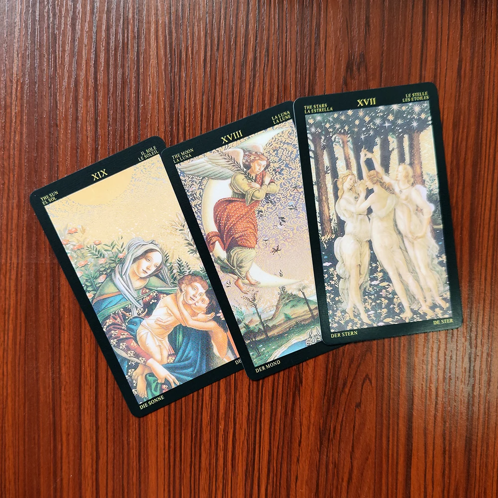 Фото Таро для гадания Botticelli 12 см x 7 см, эта колода с колодой возрождения (издание на английском, испанском, французском, немецком и итальянском языках) №5