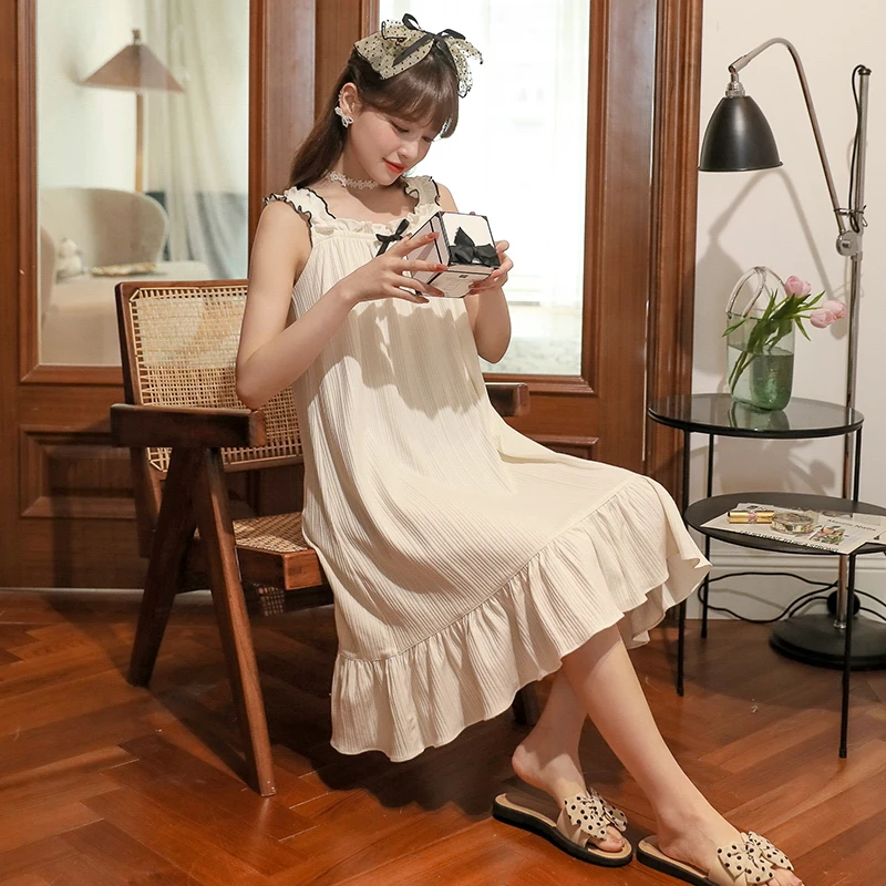 Summer Women Girl Cute Solid Color Suspender Skirt Knitted Cotton Pajamas Sleep Wear