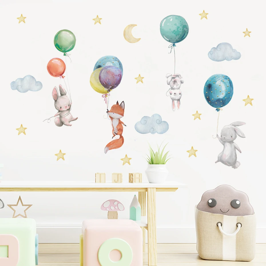 

Cartoon Cute Forest Animals Balloon Watercolor Wall Decals Nursery Art Stickers PVC Wallpaper Kids Girls Room Bedroom Home Decor