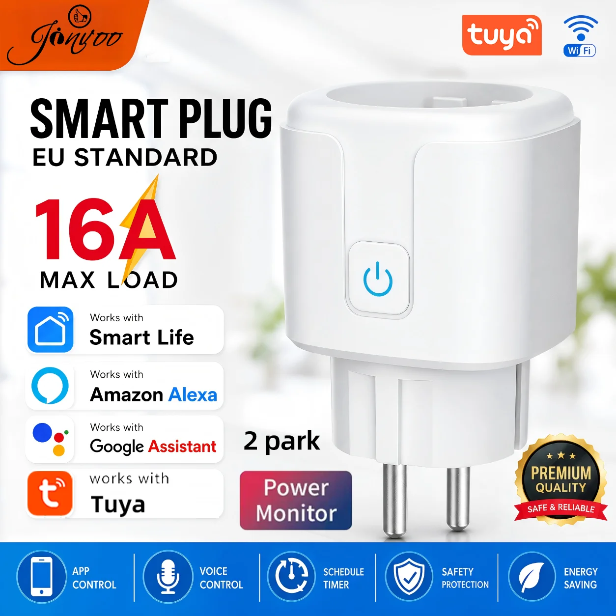 Фото Умная розетка Tuya WiFi (2 шт.), 16А, стандарт ЕС, с функцией мониторинга энергопотребления и таймером, управление через приложение Smart Life, совместимость с Alexa и Google Home