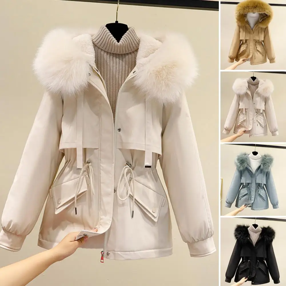 Long Sleeves Waist Drawstring Zipper Buttons Closure Pockets Women Coat Winter Faux Fur Hooded Fleece Lined Mid-Length Down Jack