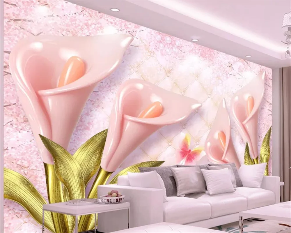 

Customized Photo Wallpaper Pink Calla Embossed Fashion Jewelry Flowers Luxury Living Room TV Background Wall Home Decor Mural