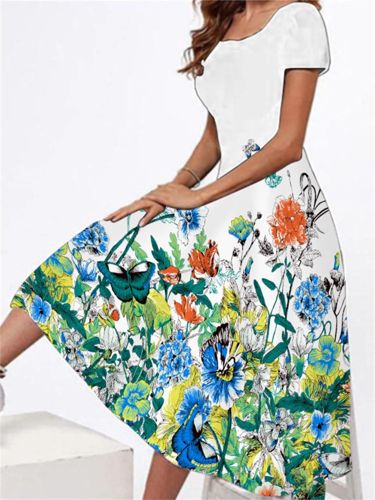 

Summer Thin White Dresses Women Party Elegant Slim Short Sleeves Floral Print Long Dress Casual Vestidos Beach Dress Feminina