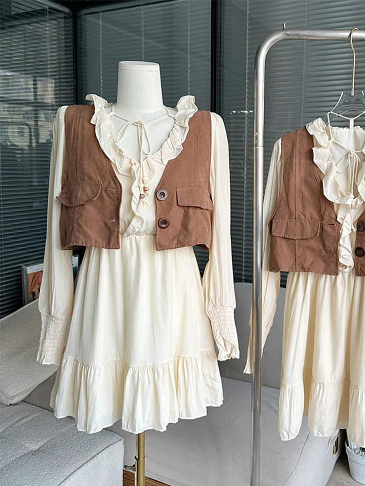 

2023 Summer Women Casual Prairie Chic Style Outfits 2 Piece Set Fairy Dress Elastic Waist+Classical Vintage Vest Y2K Streetwear