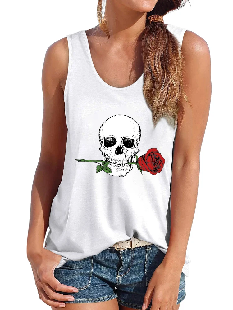

Skull Rose Print Funny Women Tank Tops Loose Summer Skulls Tee Shirt Vintage Crew Neck Y2k Women 2022 90s Tops Clothes Femme