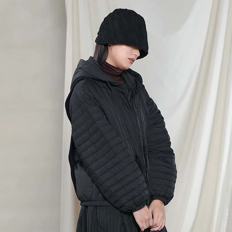 2022 Autumn Winter Women Ultra Light down jacket Fashion Hooded puffer Coat Oversized Casual Knitted patchwork Parka INKEO 2O123