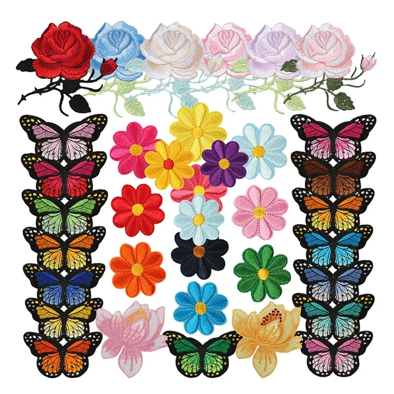 

AT14 36 PCS Butterfly Flowers Iron On Patches Colorful Sew On Appliques Embroidery Badge Logo Patch Applique Roses DIY Crafts