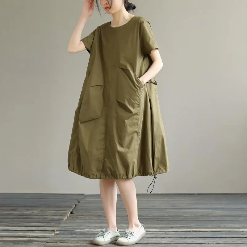 

Women's Middle Skirt Loose Literary Short Sleeve Dress Summer Women's Skirt New 2022 Solid Casual Skirt