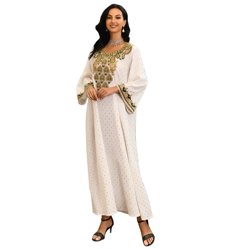 Muslim White Dress Evening Gowns Dubai Turkey Women Long Sleeve Kaftan Abayas 2023 Eid Mubarak Islamic Clothing Sequin Boubou