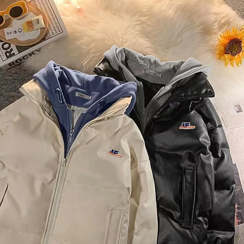 Winter Fake Two-Piece Hooded Cotton-Padded Coat Korean Style Loose PU Leather All-Matching Girls Boys Coat Couple Outerwear