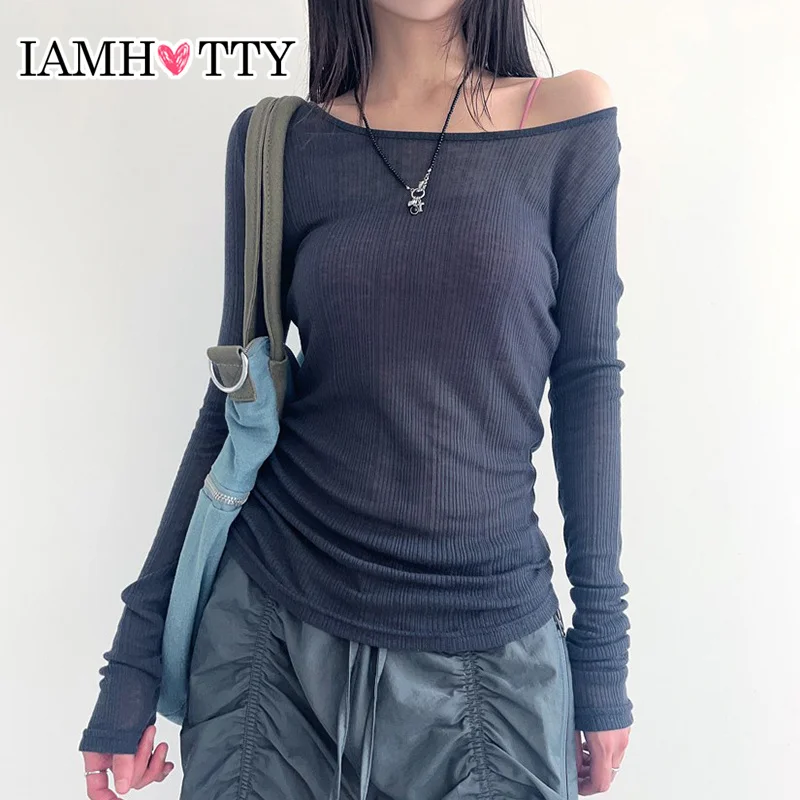

IAMHOTTY Sexy Backless Lace-up T-shirt Vintage Street Style Slash Neck Knitted Top Vintage Chic Elegant Pullovers Autumn Tees