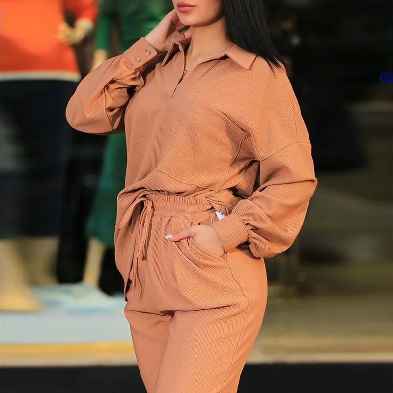 

Y2K Casual Women Suit 2023 Lapel Long Sleeve Shirt Tops High Waist Pocket Casual Pants Two Piece Sets Outfits Pullovers Top