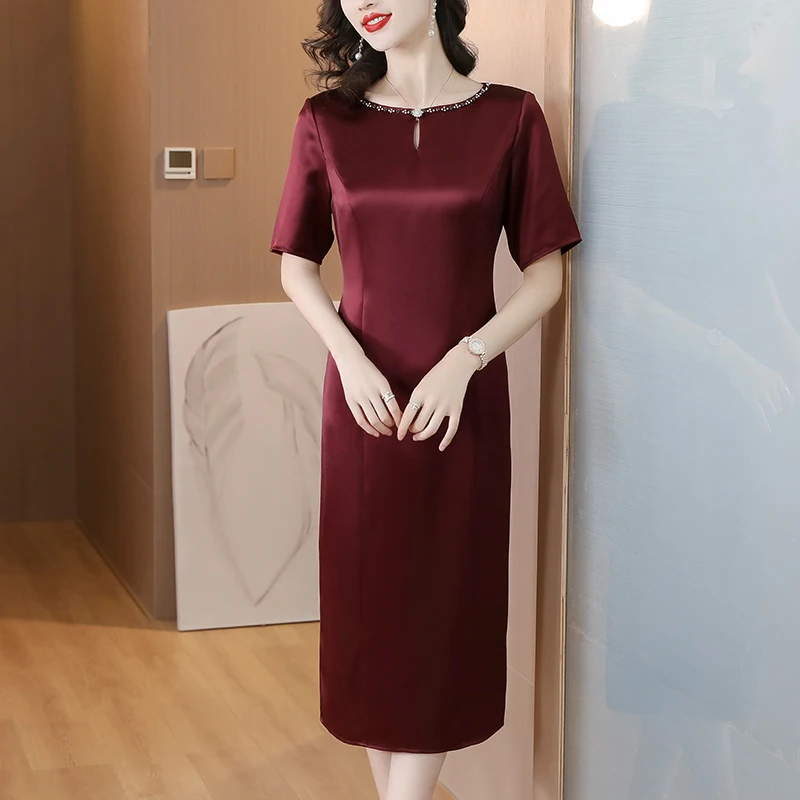 Женское шелковое платье-Ципао с круглым вырезом и коротким рукавом