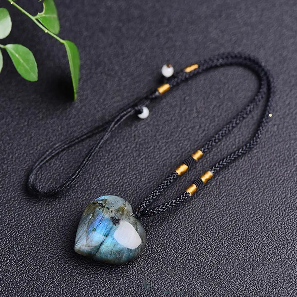 

Women Natural Energy Healing Magic Wand Gem Labradorite Necklace Crystal Heart Pendant