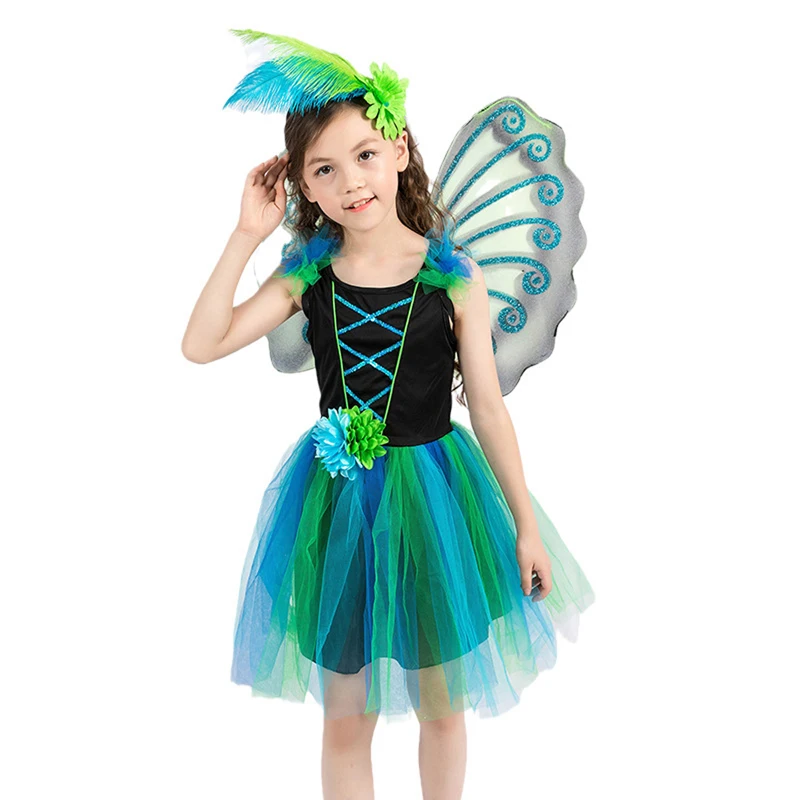 Детский костюм павлина для девочек Тюлевое платье без рукавов с 3D цветами и
