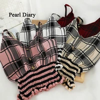 pearl diary women summer knitting camisole plaid spaghetti strap cropped tops buttons front smocked hem slim fit casual tops