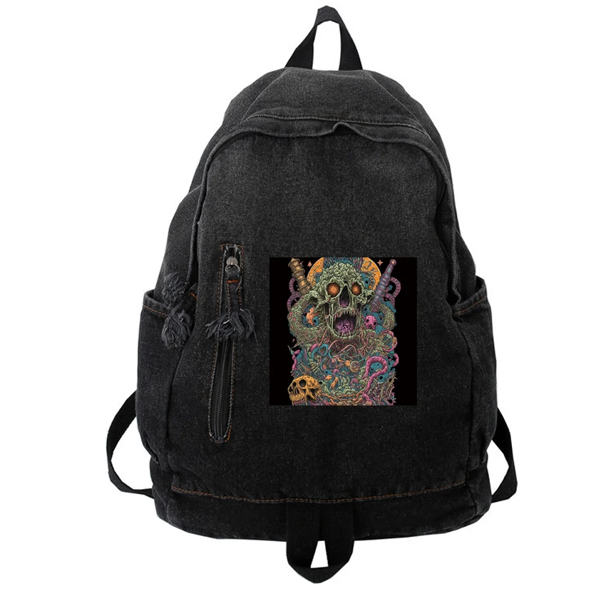 

Fashion Ladies Soft Backpack Trendy Boy Girl Travel Denim Male Female Backpack Men Women Funny Monsters Skull Printed Bag