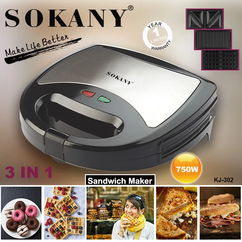 3 in 1 Sandwich Maker, Portable Waffle Iron Maker, Electric Panini Press, Breakfast Toaster, Grilled Cheese Bacon and Steak