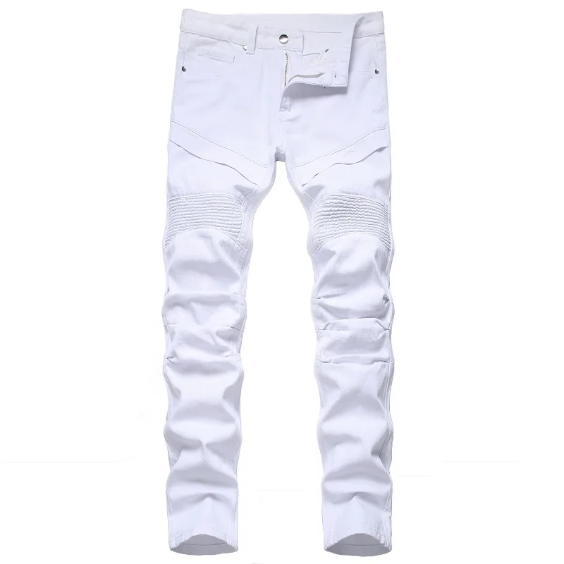 Fashion White Motorcycle Jeans Men's Personality Men's  Pants Solid Color Casual Denim Jeans for Men Straight Spliced 90s Jeans