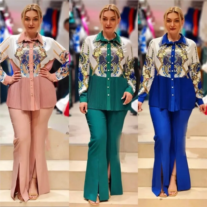 2 Piece Women's Set Spring Autumn Fashion Muslim Set Long Sleeve Shirt Blouse Trousers Set Office Lady Outfits Africaine Clothes