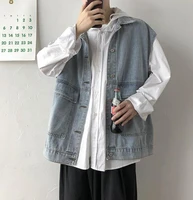 mens vest denim sleeveless jacket spring autumn fashion vintage solid color baggy waistcoats casual top oversized male clothing