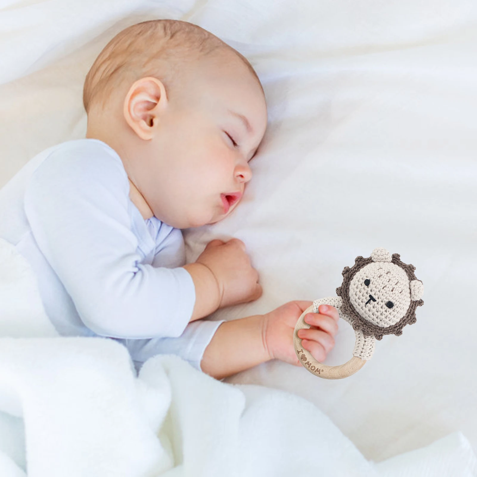 

Handmade Crochet Grasping Rattle Soft Teething Bracelet Neutral Woodland Animal First Ring Toy For Newborn Boys And Girls