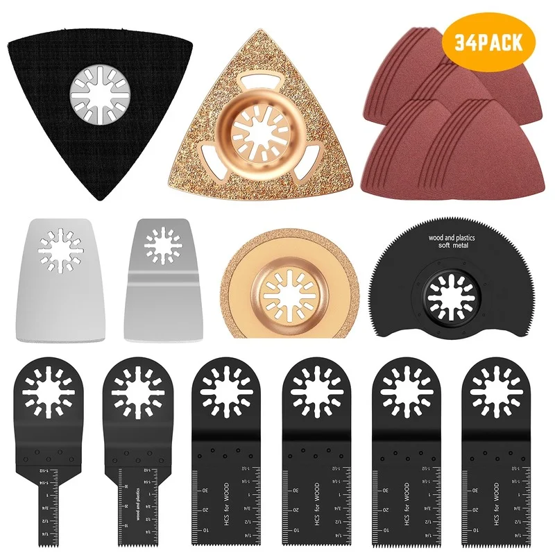 

Набор осциллирующих лезвий пилы, комплект из 34 инструментов для ремонта, точные пильные диски с наждачной бумагой для резки металла/ПВХ/дер...