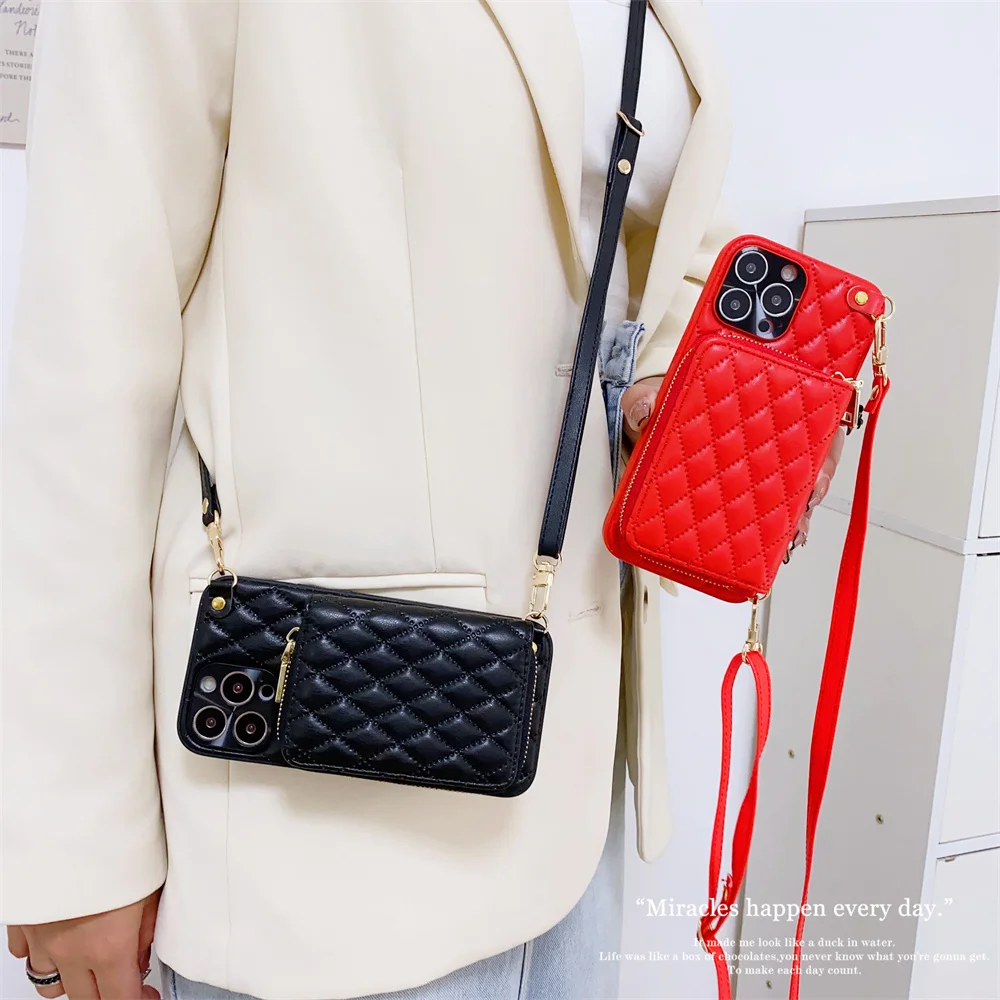 

Zipper Crossbody Rhombic Wallet Case for IPhone 14 13 12 11 Pro Max Card Slot Holder Lanyard Strap Shockprof Leather Cover Funda