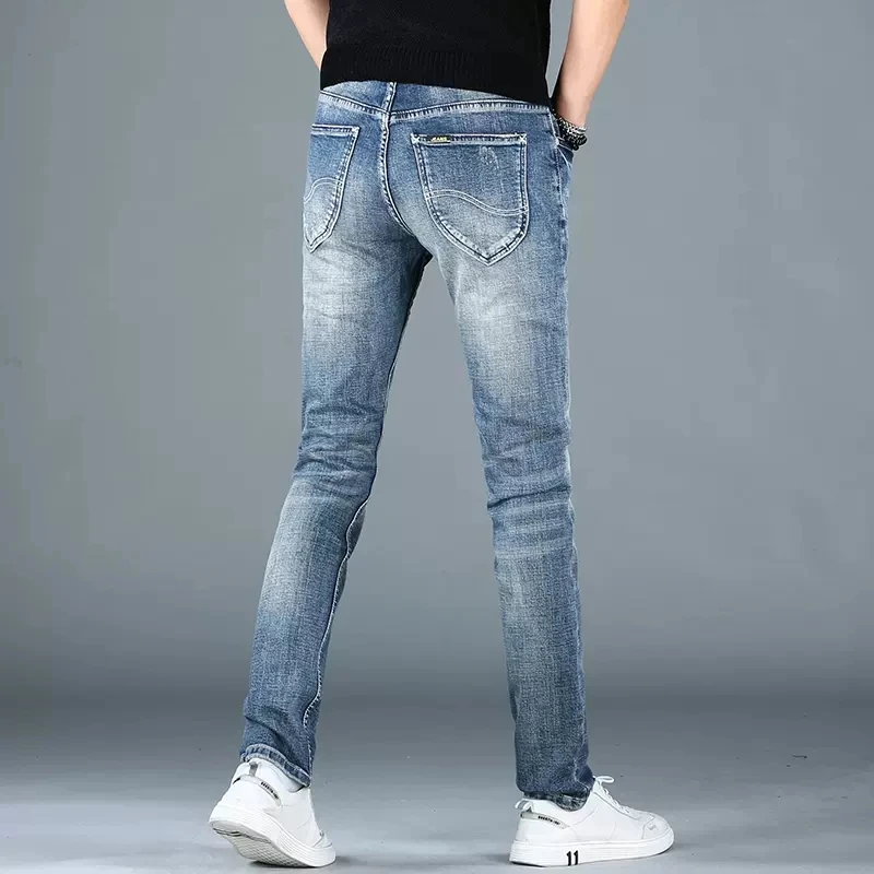 Men Blue Ripped Stretch Jeans Autumn Slim Fit Straight Pants Streetwear Casual Denim Trousers CP2037