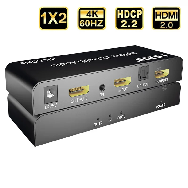 

4K 60Hz HDMI Splitter Audio Extractor 1x2 HDMI splitter 1 in 2 Out with Optical Toslink + 3.5mm Audio for Dual Monitors HDCP2.2