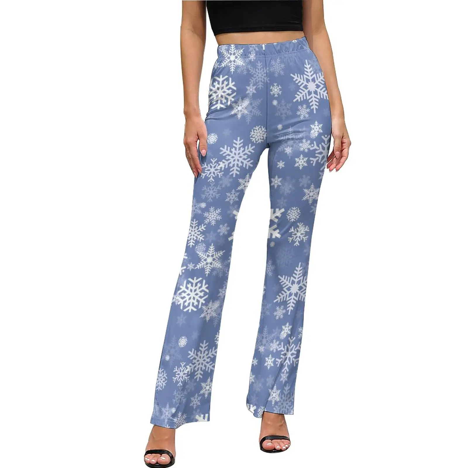 

Брюки-клеш с высокой талией и принтом в виде снежинок