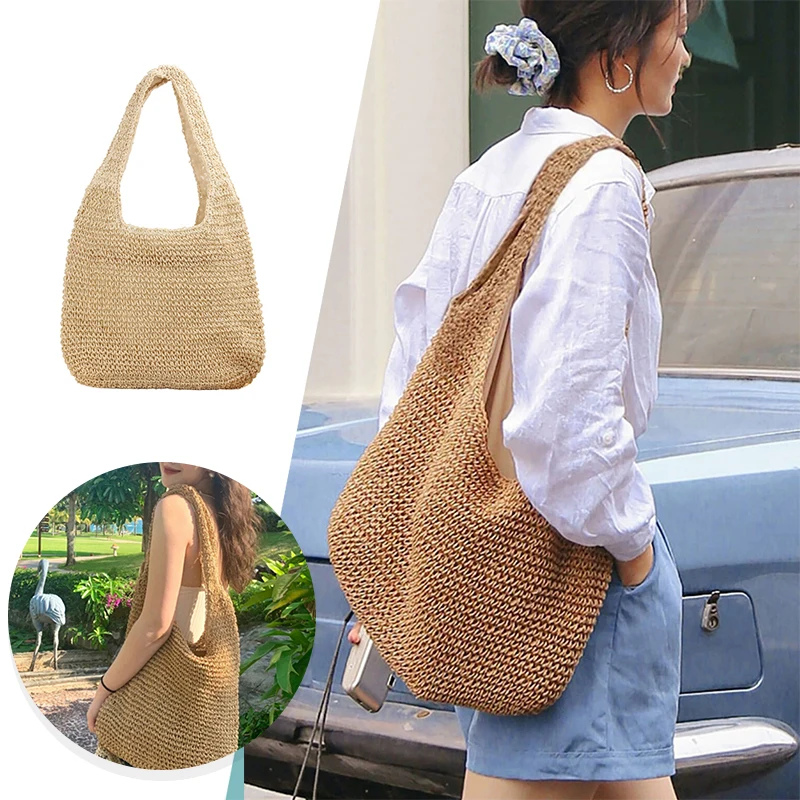 

Large Handmade Straw Shoulder Bag For Women Hobo Rattan Summer Beach Hollow Out Chic Woven Tote Handbags Purse Camel Beige