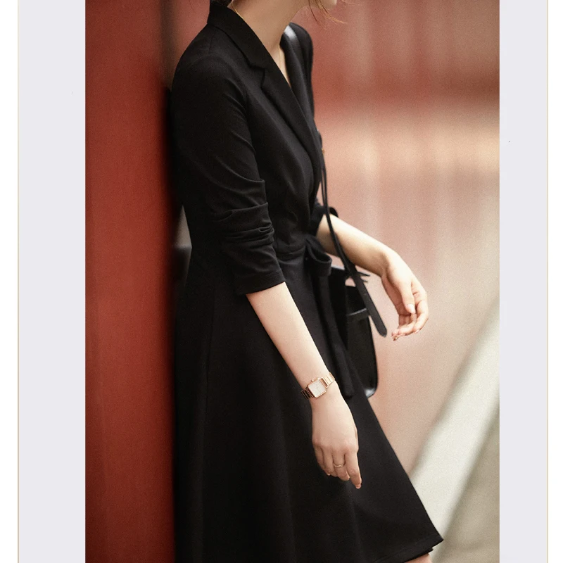 Women's Workplace Commuting Slim Suit Collar Elastic Slim Dress Lace-up Slim Black All-match Knee-length Skirt