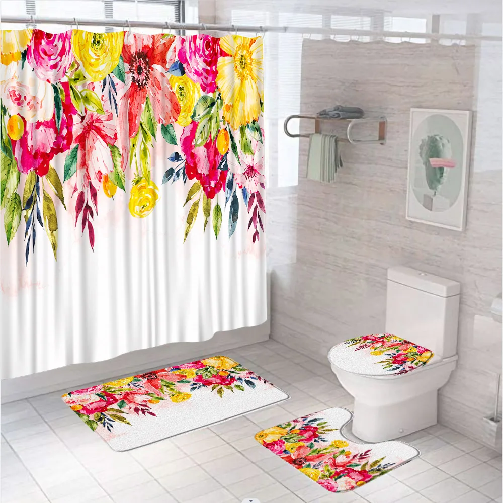 

Plant Flowers Leaves Bathroom Curtains Watercolor Floral Scenery Shower Curtain Sets Non-Slip Bath Mat Rug Toilet Lid Cover Home