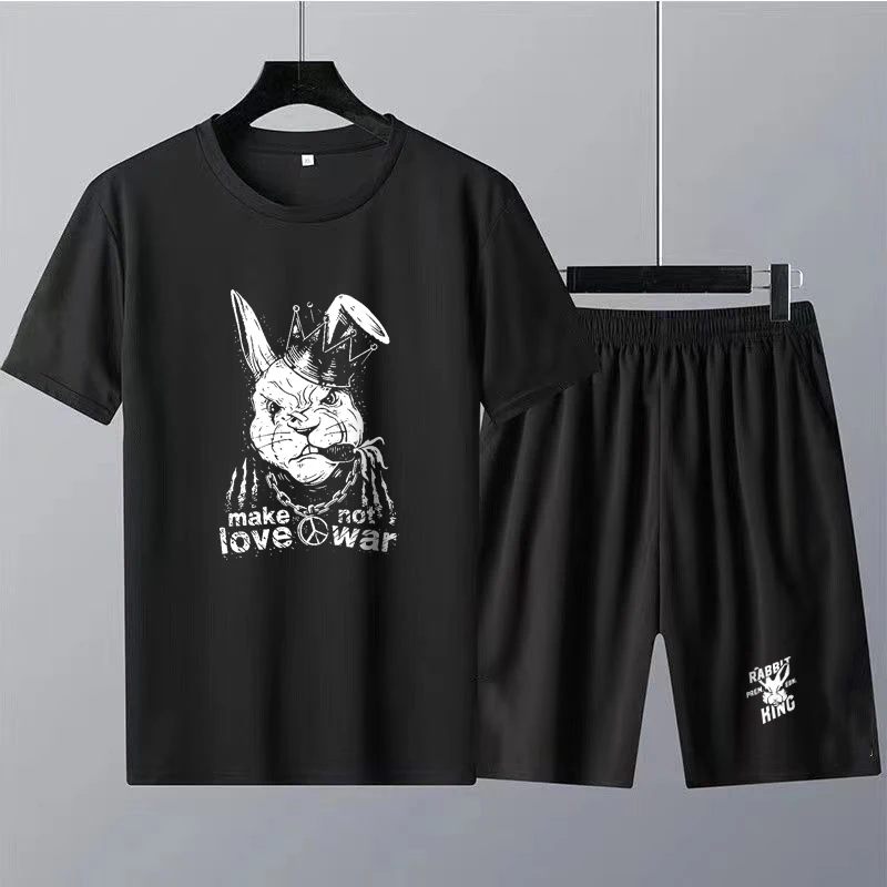 Summer Men Tracksuit 2 Piece Sets Cotton Hip Hop Rabbit Print T-Shirt Casual Beach Shorts Suits Luxury Fashion Man Clothing