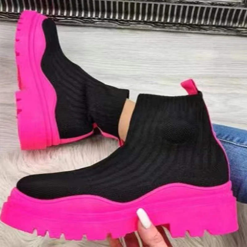 

Fashion Women Knitted Boots Casual Sock Shoes Ladies Pink Platform Stretch Ankle Booties Femme Botas De Mujer