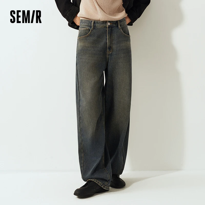Фото Джинсы Semir в одном стиле, мужские потертые брюки в стиле ретро, широкие брюки с изогнутыми лезвиями, свободная дуга, новинка 209, зимняя мужская одежда №2