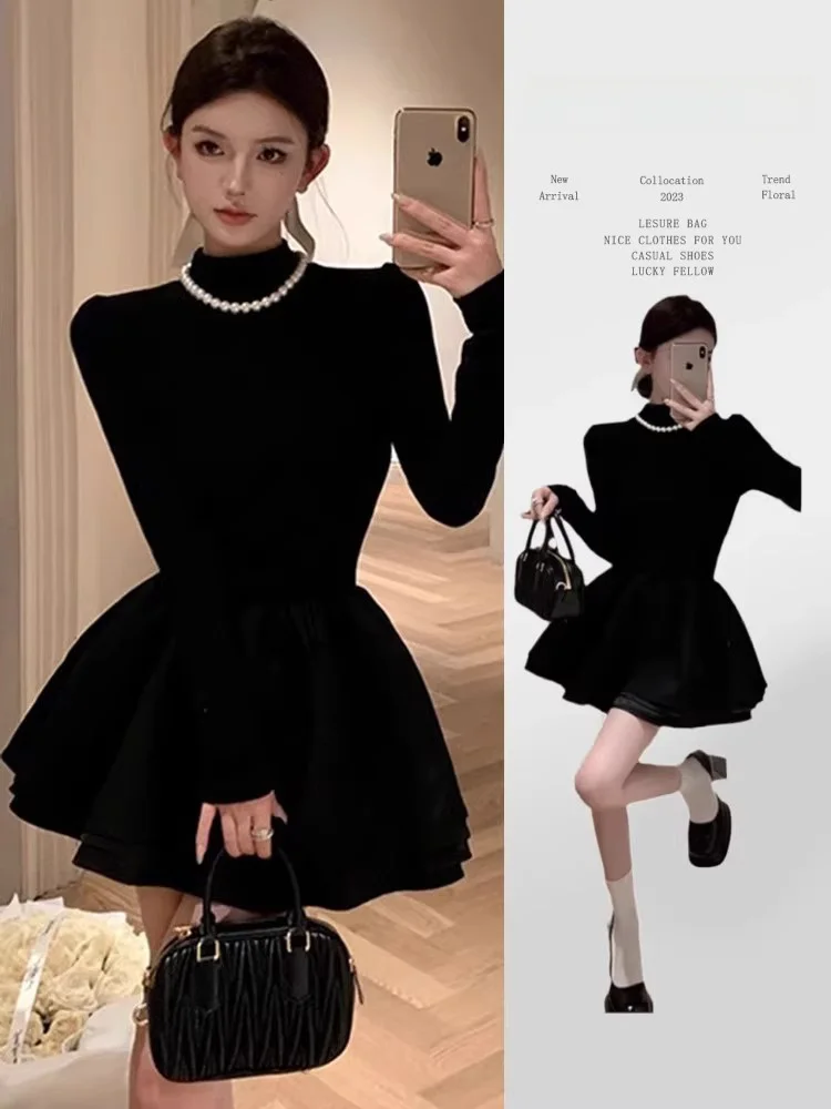 Новая весенняя женская одежда 2024 юбка-петти принцессы High Sense черное платье Thousand