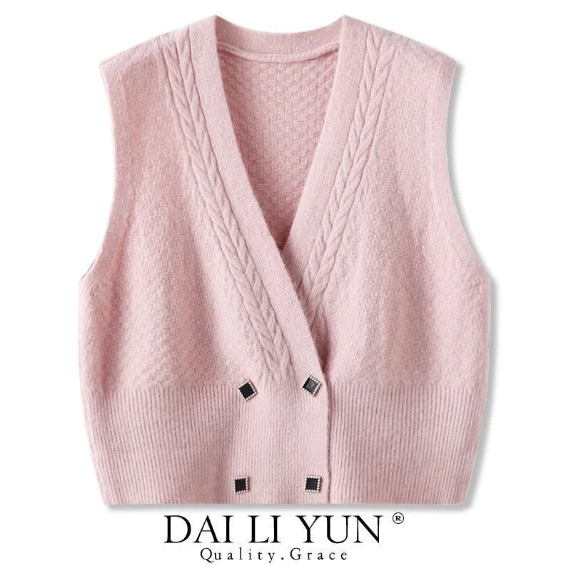 Новый осенне-зимний двубортный вязаный кардиган жилет женский дизайн однотонный
