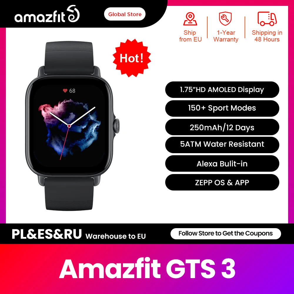 New Amazfit GTS 3 GTS3 GTS-3 Smartwatch 5 ATM Waterproof Alexa Built-in GPS Female Cycle Monitoring Smart Watch for Android IOS