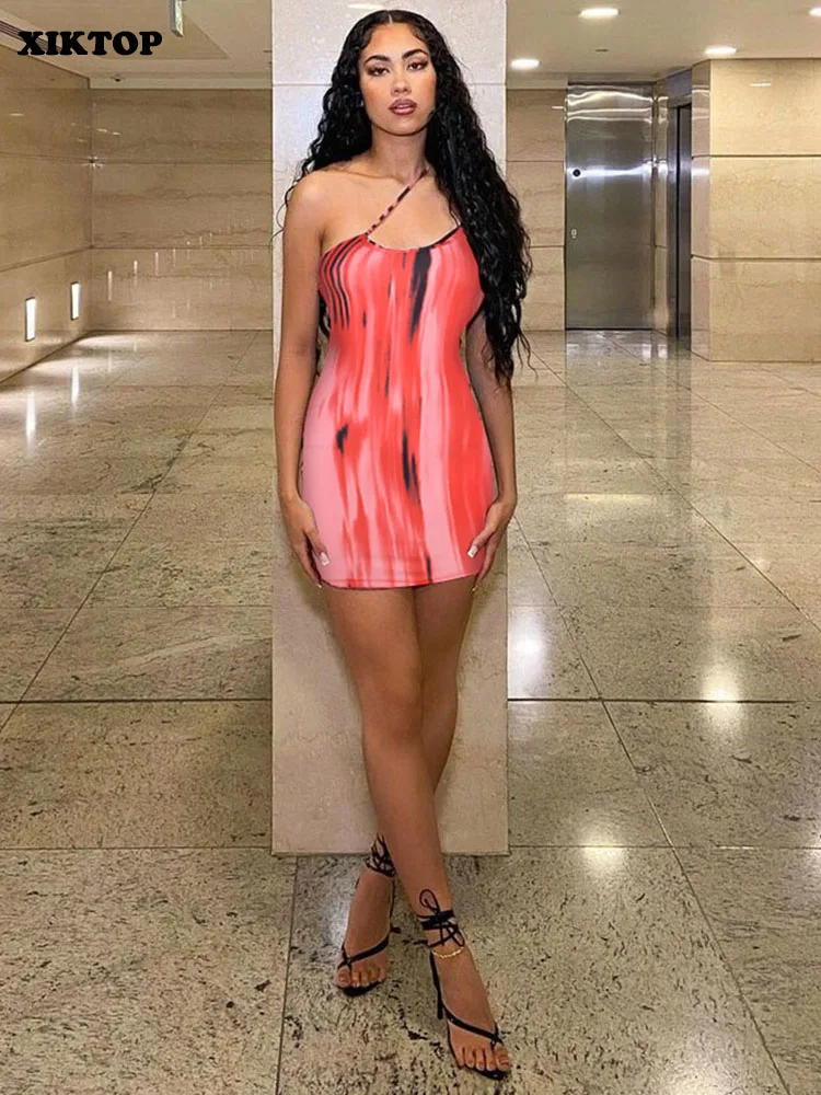 

Платье XIKTOP женское шелковое с принтом, пикантное элегантное облегающее вечернее, с открытыми плечами и юбкой-годе, уличная одежда на лето