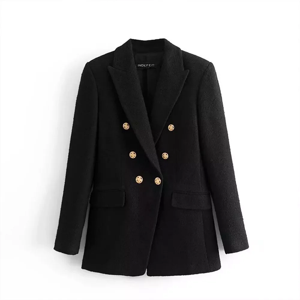 

NEW 2023 Autumn Women Fashion Double Breasted Tweed Check Blazer Coat Vintage Long Sleeve Pockets Female Outerwear Chic Tops