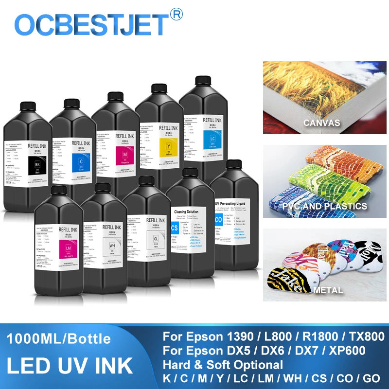 1000ML LED UV Ink For DX4 DX5 DX6 DX7 DX10 TX800 XP600 Printhead For Epson 1390 L800 L1800 L805 R1800 R1900 UV Modified Printer
