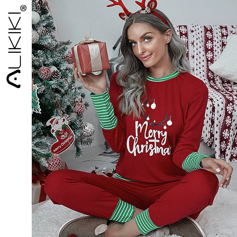 

Женский пижамный комплект с милым принтом «Счастливого Рождества», повседневный топ с длинными рукавами и штаны, комплект из 2 предметов, до...