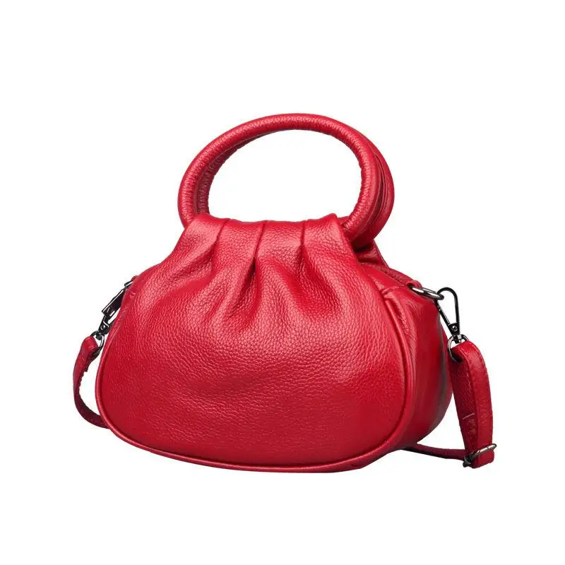 Leather Pleated Women's Bag Round Handle 2022 New Vintage Cow Leather Handbag Casual Simple Versatile Women's Crossbody Bag