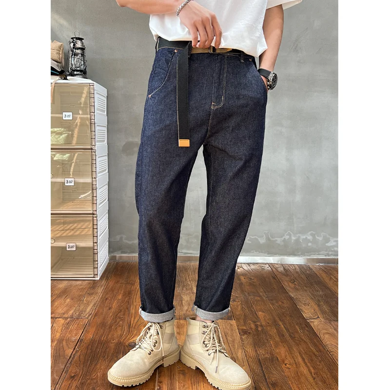 Streetwear Men 2022 New Pattern Vintage Recreational Navy Blue Jeans Loose Straight Cylinder Broad Leg Trousers Autumn Female