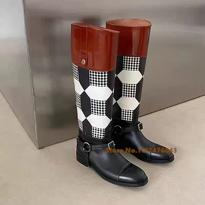 Женские кожаные сапоги до колена на среднем каблуке с круглым носком