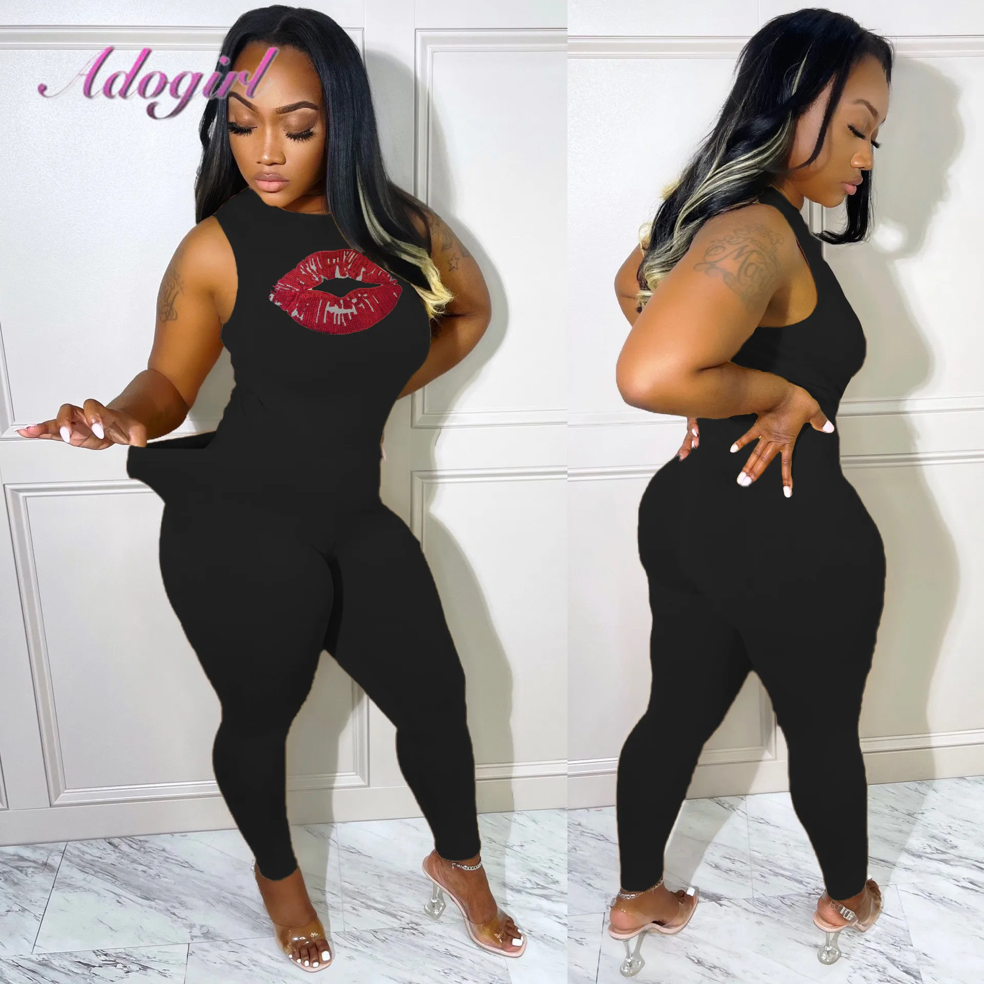 Fitness Women Two Piece Sets Summer Sport Tracksuit Casual Mouth Print Vest Crop Tops Leggings Pants Outfit Joggers Matching Set