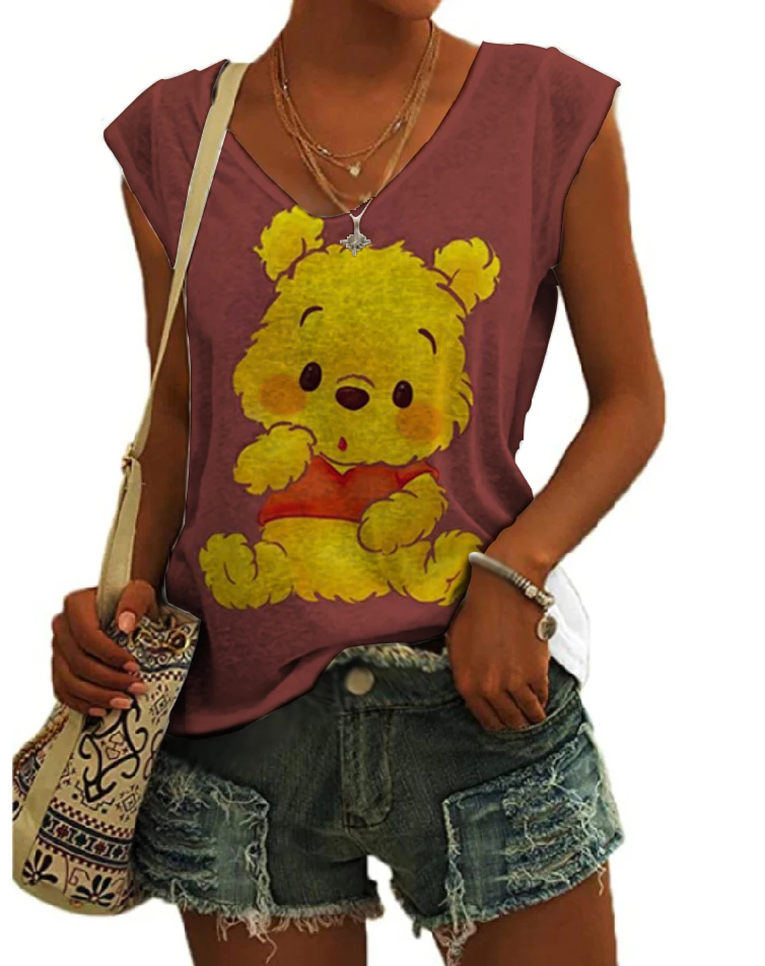 

2023 Ladies Street Summer New Winnie the Pooh Anime 3D Printing Disney Brand Cartoon Pattern V-neck Sleeveless Vest Y2K